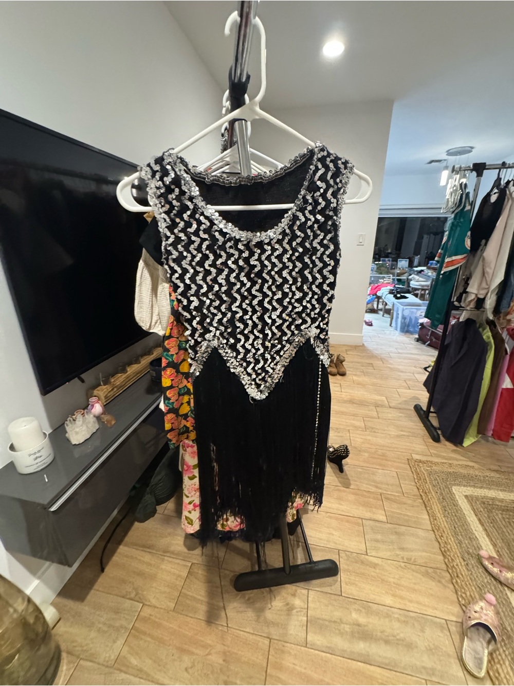 Black Flapper Fringe Dress with Silver Sequin Bodice